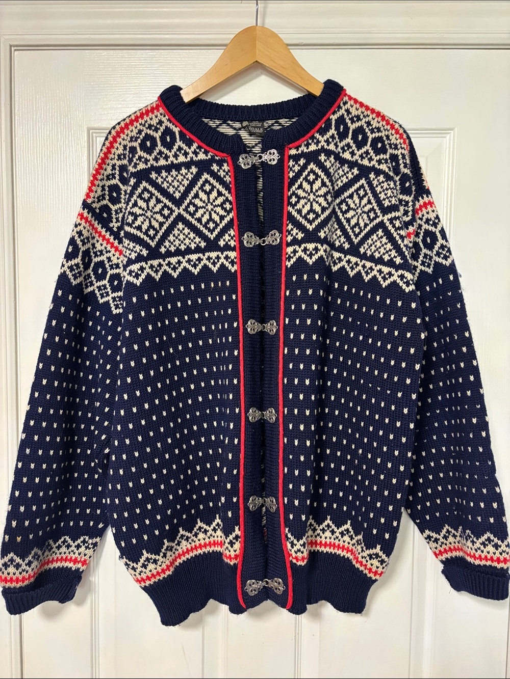 Vintage Norwegian Wool Cardigan Sweater Nordic Fair Isle Pewter Clasps XXL